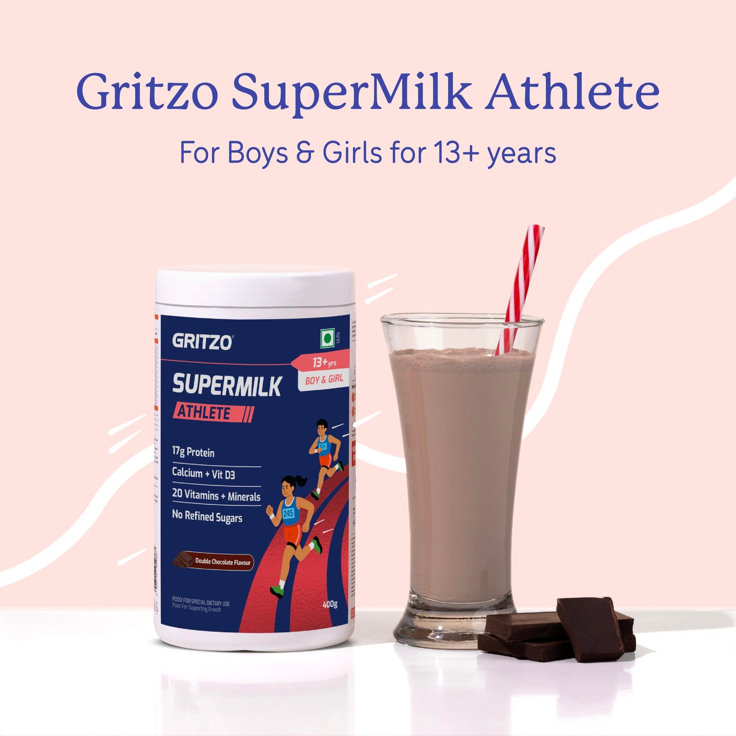 Gritzo SuperMilk Athlete (13+y Boy & Girl), 17g Protein Powder (Double Chocolate, 400g) | Zero Refined Sugar, 20 Vitamins & Minerals