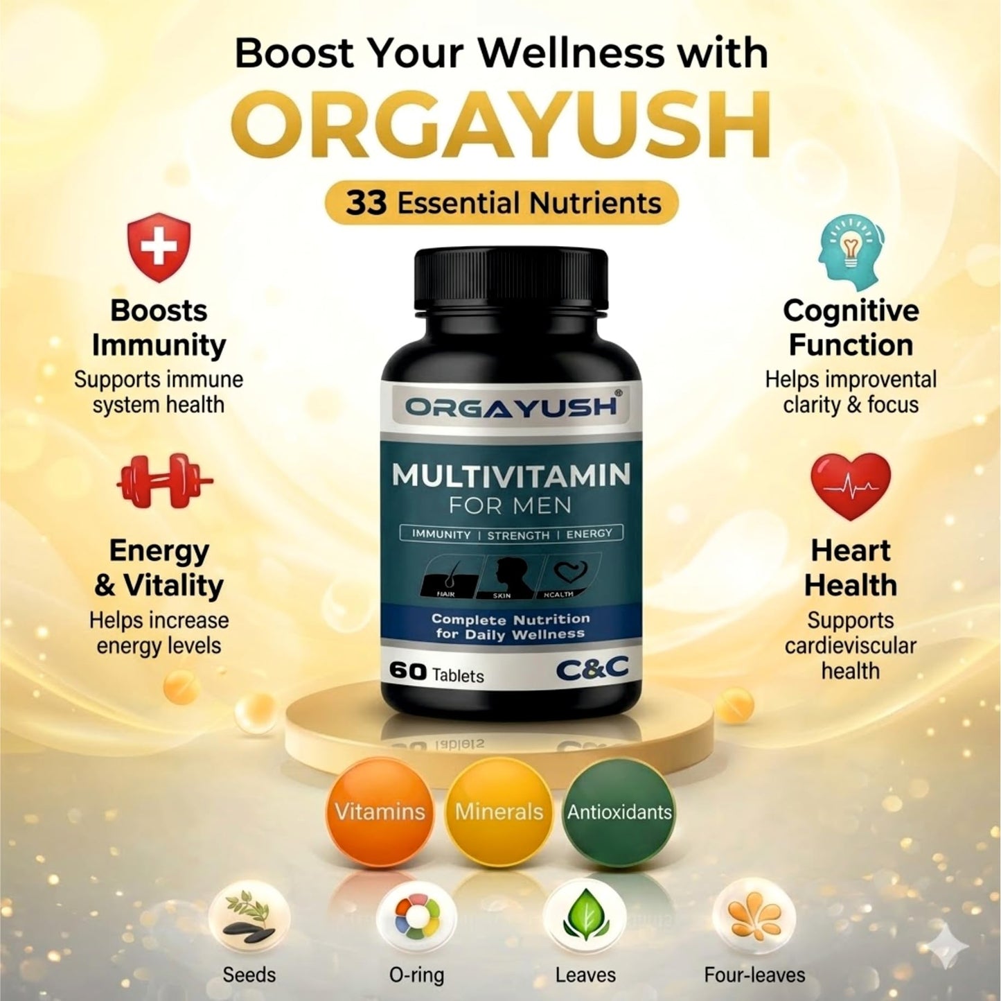 ORGAYUSH Men’s Multivitamin Tablets – Daily Energy & Immunity Support Supplement with Ginseng, Ginkgo Biloba, Grape Seed Extract, Vitamin B Complex, Vitamin C, Vitamin E (Pack of 1)
