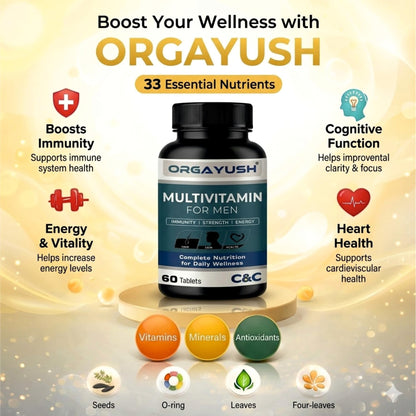 ORGAYUSH Men’s Multivitamin Tablets – Daily Energy & Immunity Support Supplement with Ginseng, Ginkgo Biloba, Grape Seed Extract, Vitamin B Complex, Vitamin C, Vitamin E (Pack of 1)