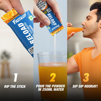 Fast&Up Reload Electrolytes Powder Sachets | Zero Added Sugar Hydration Drink with 5 Essential Electrolytes Vitamin C & B12 | Summer Heat, Workout Recovery, Travel & Wellness | Orange Rush, Pack of 15 Sachets