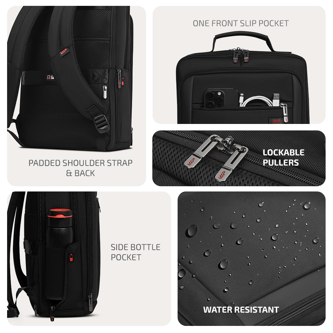 VIP VOGUE 17 Inch Compatible Laptop Backpack 22L | Water-Resistant with 3 Compartments | Padded Laptop Sleeve, Side Bottle Pocket, Front Organizer | Office & Travel Backpack for Men & Women (Black)