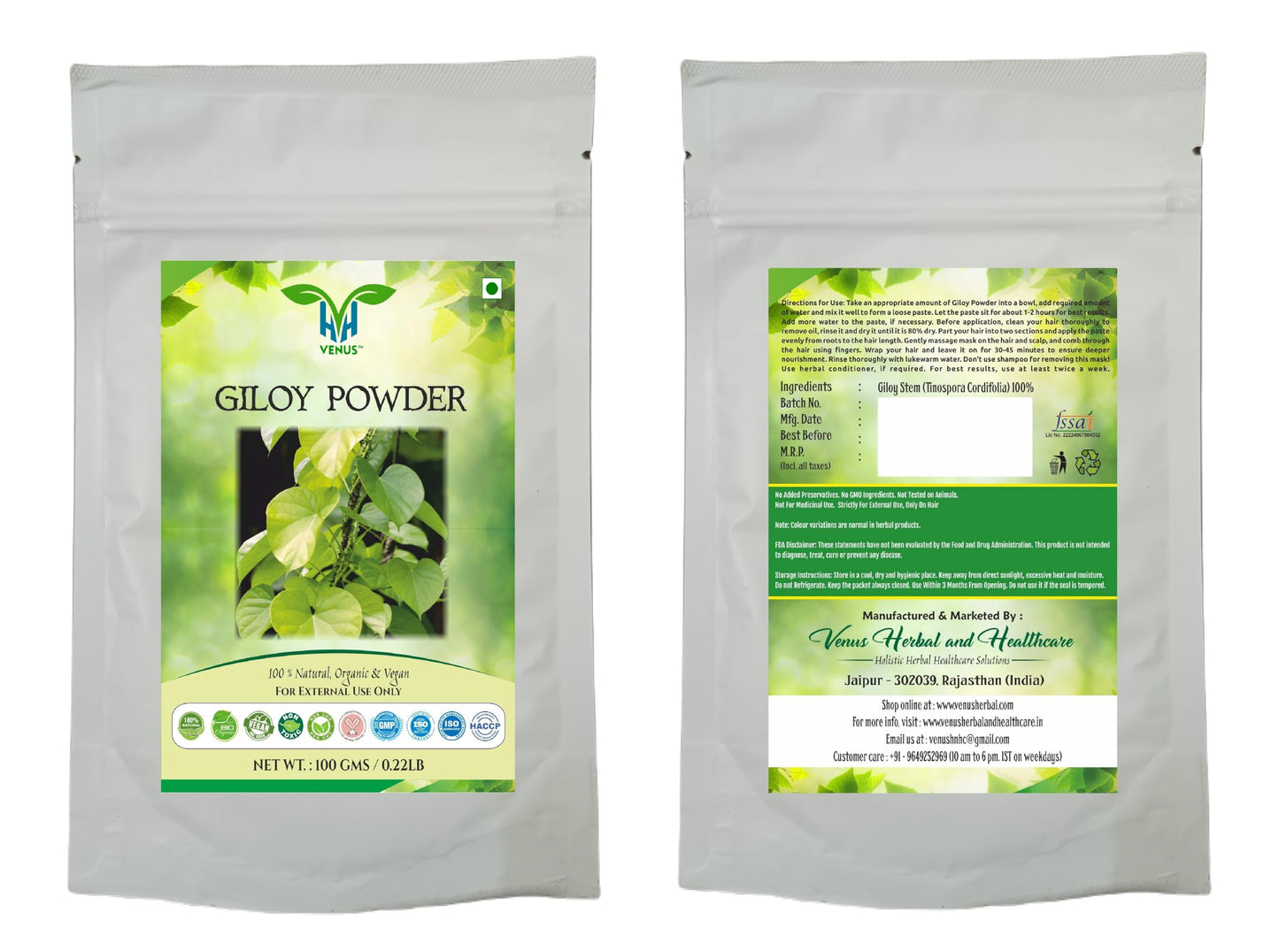 VENUS Unisex Giloy Powder For Hair Care | Natural - 100% Ground Tinospora Cordifolia Stems (100 Grams)