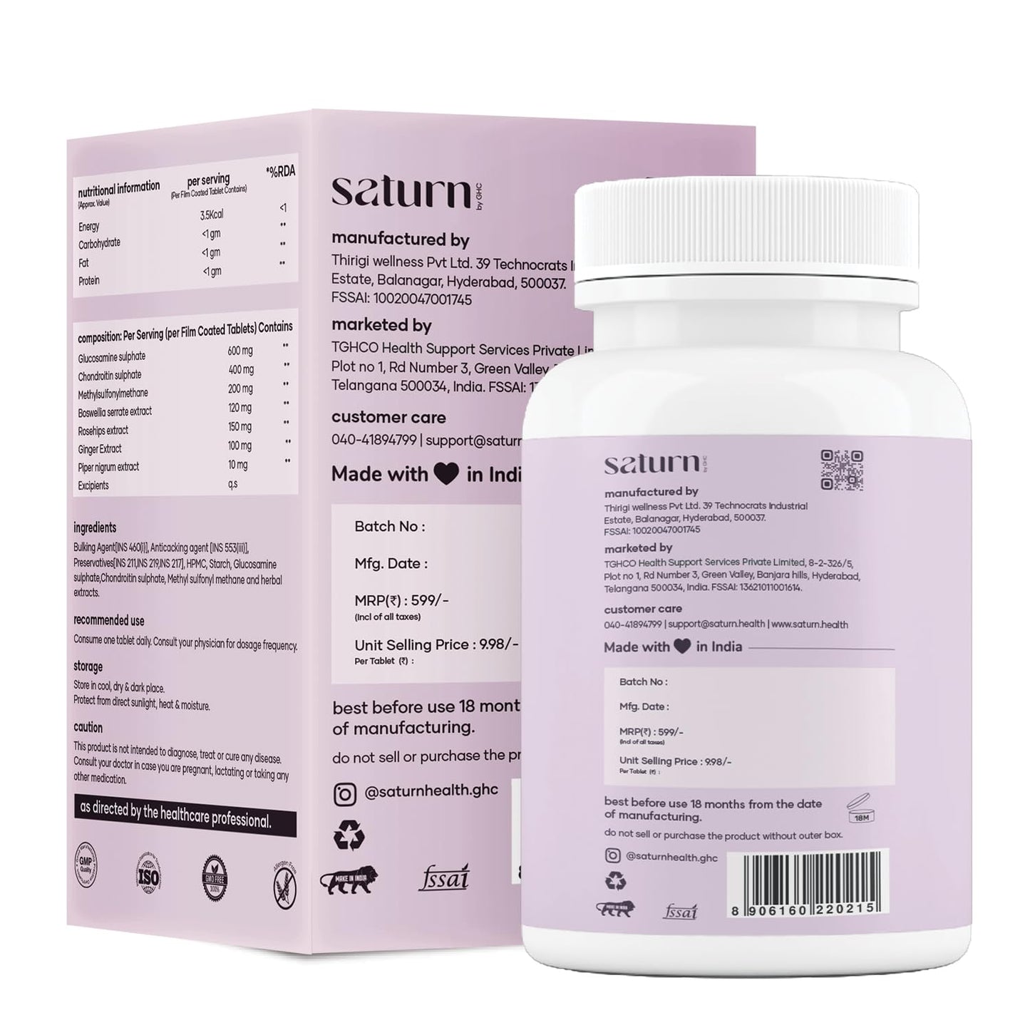 Saturn by GHC Plant Based Joint Support Tablet - 60 Tablet (Pack of 1) | With Glucosamine, Chondriotin, MSM Supplements & Herbal Extract for Strengthening Joints
