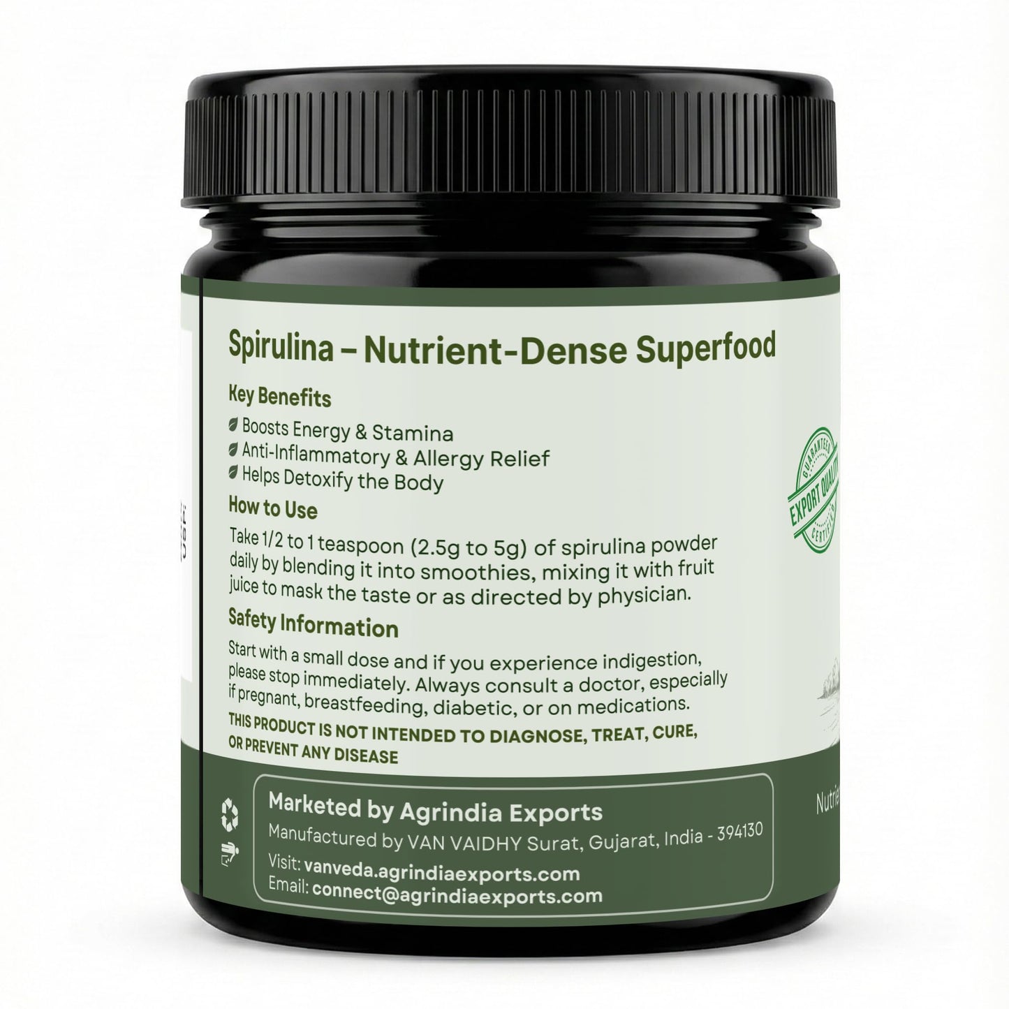 Vanveda 100% Organic Spirulina Powder | For Men & Women | Natural Superfood | Supports Energy, Immunity & Detox | Rich in Iron, Calcium, Potassium - 100GM