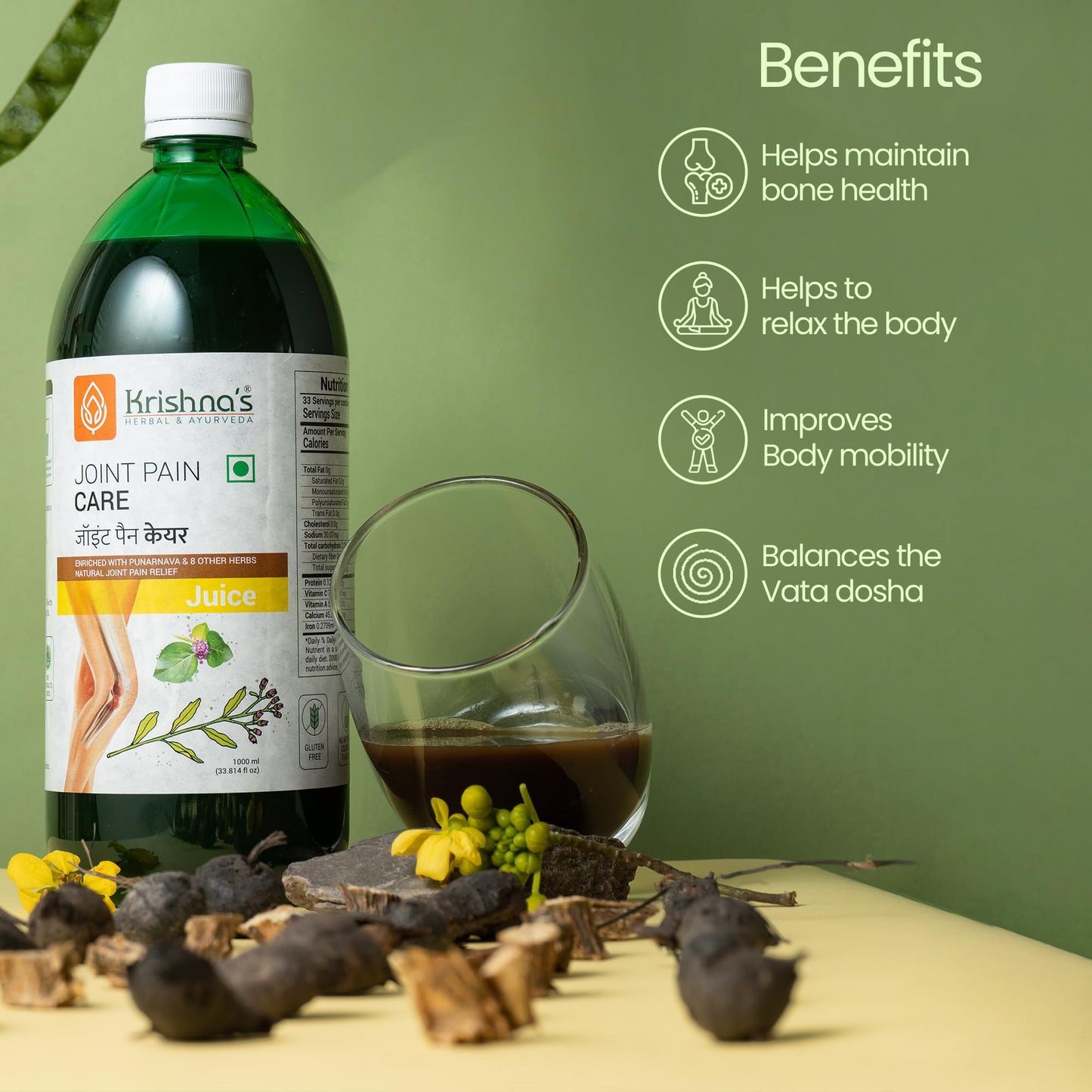 Krishna's Joint Pain Care Juice - 500 ml | Natural Pain Reliever |9 Powerful Herbs like Rasana, Kutaki, Daru Haridra Ashwagandha Strengthens the muscle | Sugar free Juice with No Added Color or Flavour