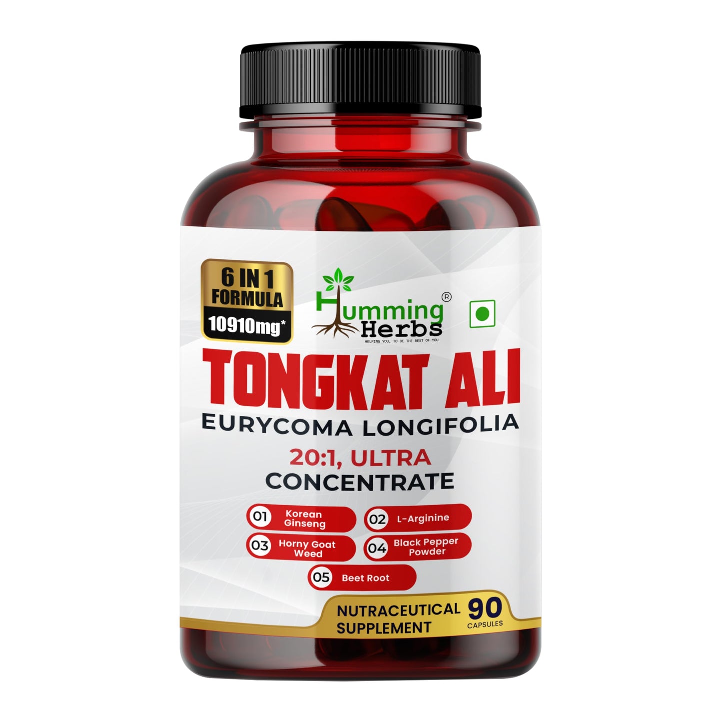 Humming Herbs Tongkat Ali Eurycoma Longifolia 6-in-1 Blend with Korean Ginseng, Horny Goat Weed, L-Arginine, Black Pepper Powder, and Beet Root for Men's Health