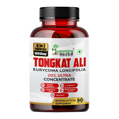 Humming Herbs Tongkat Ali Eurycoma Longifolia 6-in-1 Blend with Korean Ginseng, Horny Goat Weed, L-Arginine, Black Pepper Powder, and Beet Root for Men's Health