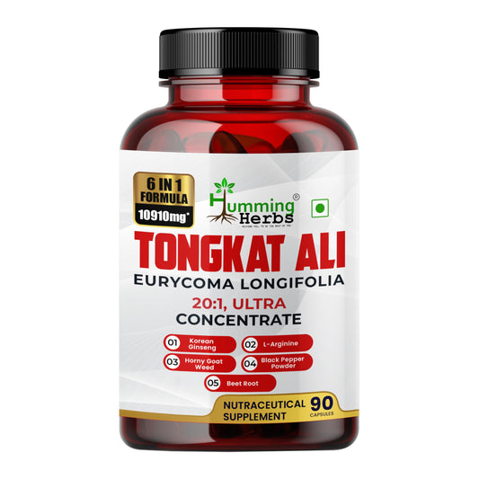 Humming Herbs Tongkat Ali Eurycoma Longifolia 6-in-1 Blend with Korean Ginseng, Horny Goat Weed, L-Arginine, Black Pepper Powder, and Beet Root for Men's Health