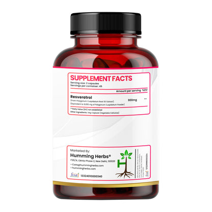 Humming Herbs Resveratrol 9000 mg Capsules | Supports Heart Health, Anti-Inflammatory & Antioxidant Benefits | 45 Days Supply | Vegan, Natural, High Potency | Nutraceutical Supplement - 90 Capsules