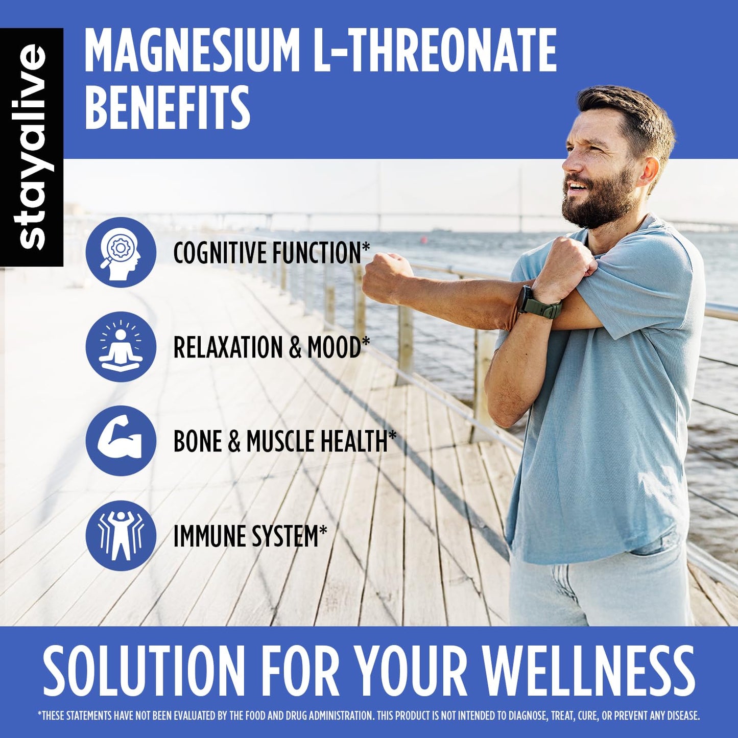 STAY ALIVE Pure Magnesium L-Threonate Supplement, High Absorption, 120 Chelated Capsules with Elemental Magnesium Powder, Non-GMO & Gluten Free L-Threonate Complex Supports Brain Health and Cognitive Function for Women and Men