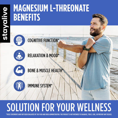 STAY ALIVE Pure Magnesium L-Threonate Supplement, High Absorption, 120 Chelated Capsules with Elemental Magnesium Powder, Non-GMO & Gluten Free L-Threonate Complex Supports Brain Health and Cognitive Function for Women and Men