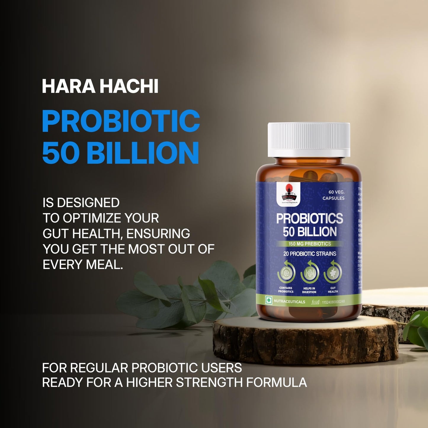 Hara Hachi Worlds No. 1 Supplement| 50 Billion CFU Gut Health Supplements with Probiotic | Gut Cleanse with Prebiotics and Probiotics| 60 Veg Capsules| L Reuteri Probiotics Supplement for Gut Health|