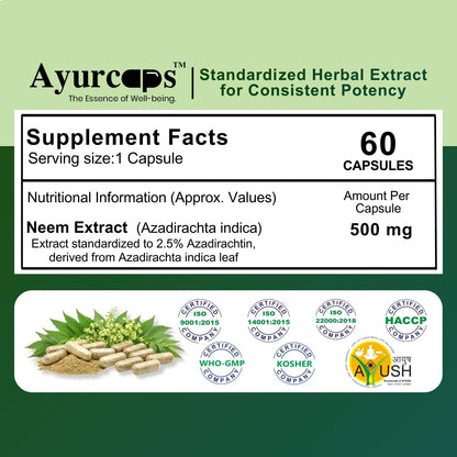 Ayurcaps Neem Supplement 500mg 60 Veg Capsules | Herbal Neem Extract For Skin Wellness, Detox Support And Immune Support | Supports Healthy Skin And Digestive Balance