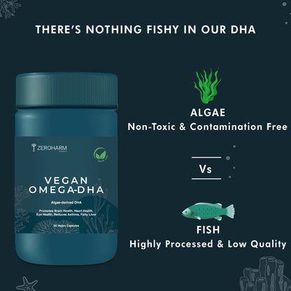 ZEROHARM Vegan Omega 3 Capsules for Men, Women, Kid (60 Capsule)- Algae Omega 3 Fatty Acid Capsule with DHA- Health Supplement For Heart, Brain, Eye, Skin, Muscles, Bone & Joint Support - Vegetarian