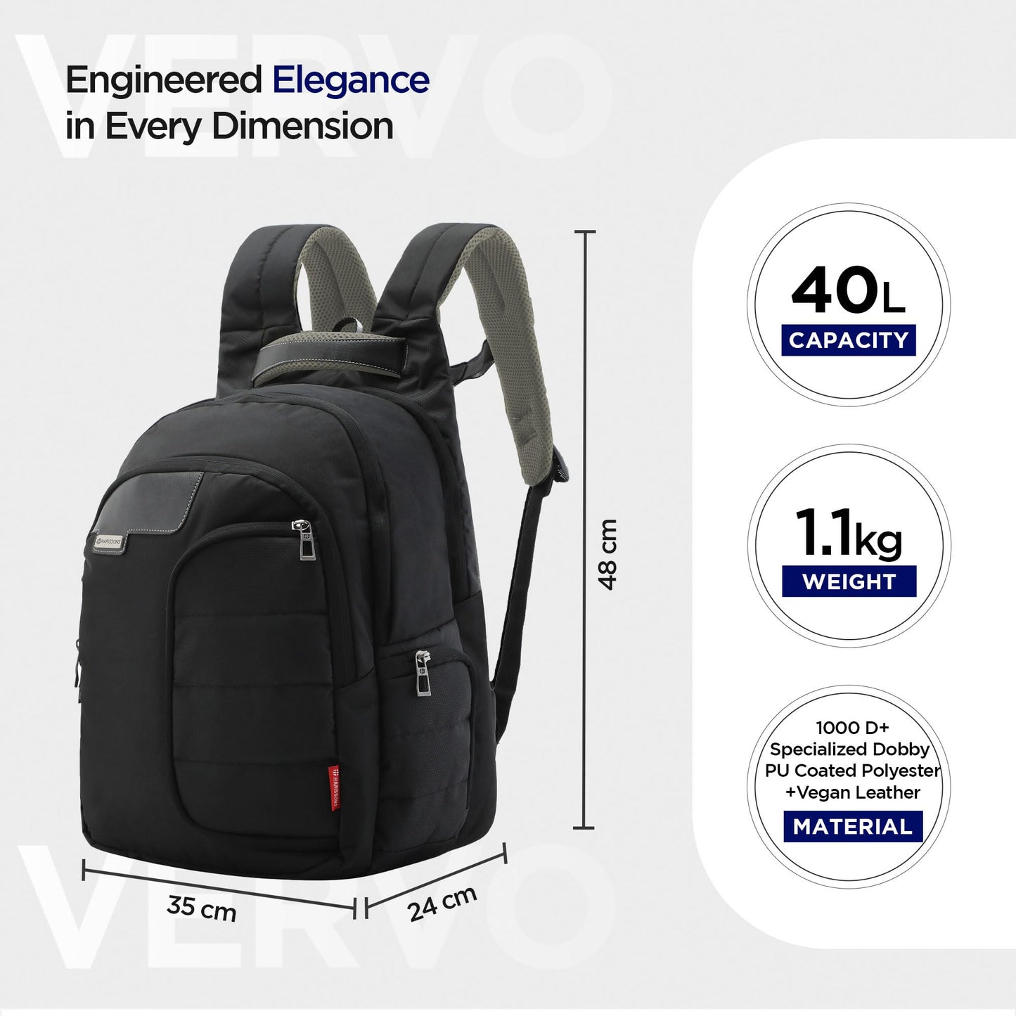 HARISSONS Vervo 40L Waterproof Laptop Backpack for Men & Women | Fits 15.6" Laptop with Sternum Strap, Quick Access Pocket, Detachable Key Holder, Organized Compartments & Raincover (Black)