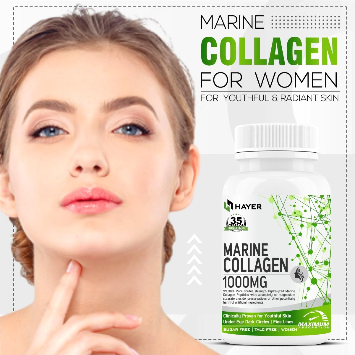 HAYER Marine Collagen Supplements For Women (Peptides) With Vitamin C, E, Glutathione Tablet, Cranberry, Plant-Based Powder Biotin Supplement For Skin Glow & Beauty Gluten & Sugar Free-60 Tablets