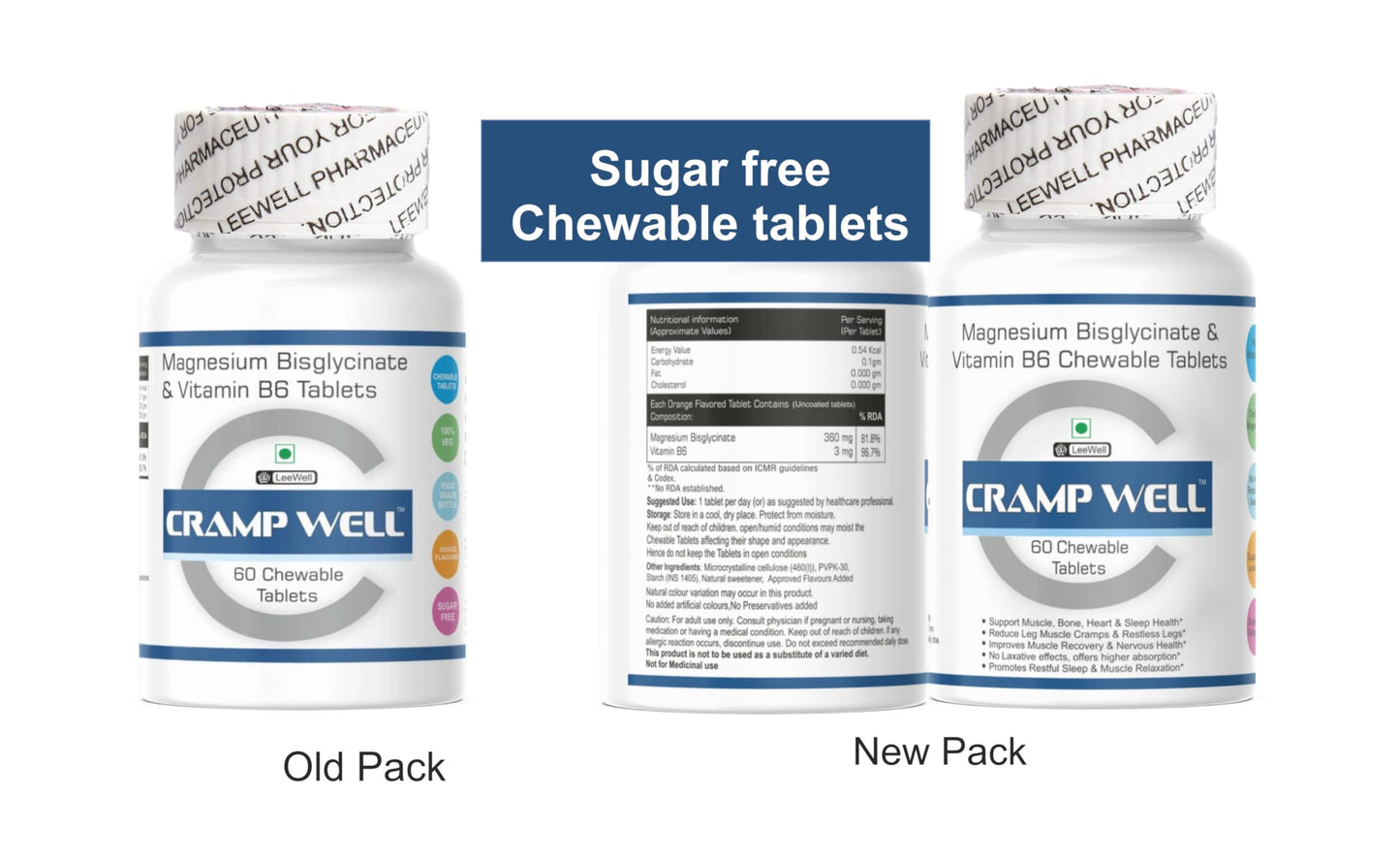Crampwell Chewable Magnesium Supplement | Magnesium Bisglycinate with Vitamin B6 (Pyridoxine) | Helps Leg Cramp Relief, Sleep Quality & Muscle Recovery for Men & Women - 60 tablets (Sugar-free)