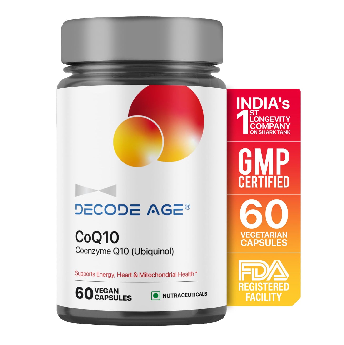 Decode Age CoQ10 100mg, Coenzyme Q10 with Piperine, 99% Pure, Higher Energy Levels, Antioxidant, Healthy Heart, 60 Veg Capsules