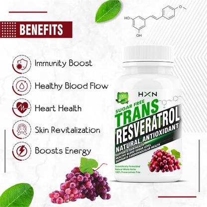 HXN Resveratrol 500mg Supplements With Grape Seed Extract, Quercetin Powder, Pomegranate To Balance Cholesterol, Antioxidant & Heart Health Care-60 Tablets (Pack 1)