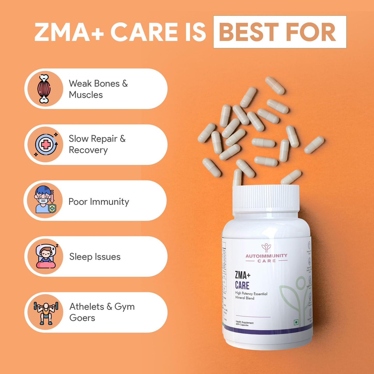 Autoimmunity care ZMA+ Care | Stronger Bones, Muscles, Heart Health, Brain, Sleep, Immune Support & Anxiety Relief Supplement for Men & Women | Zinc, Magnesium & Vitamin B6 l 60 Veg Capsules