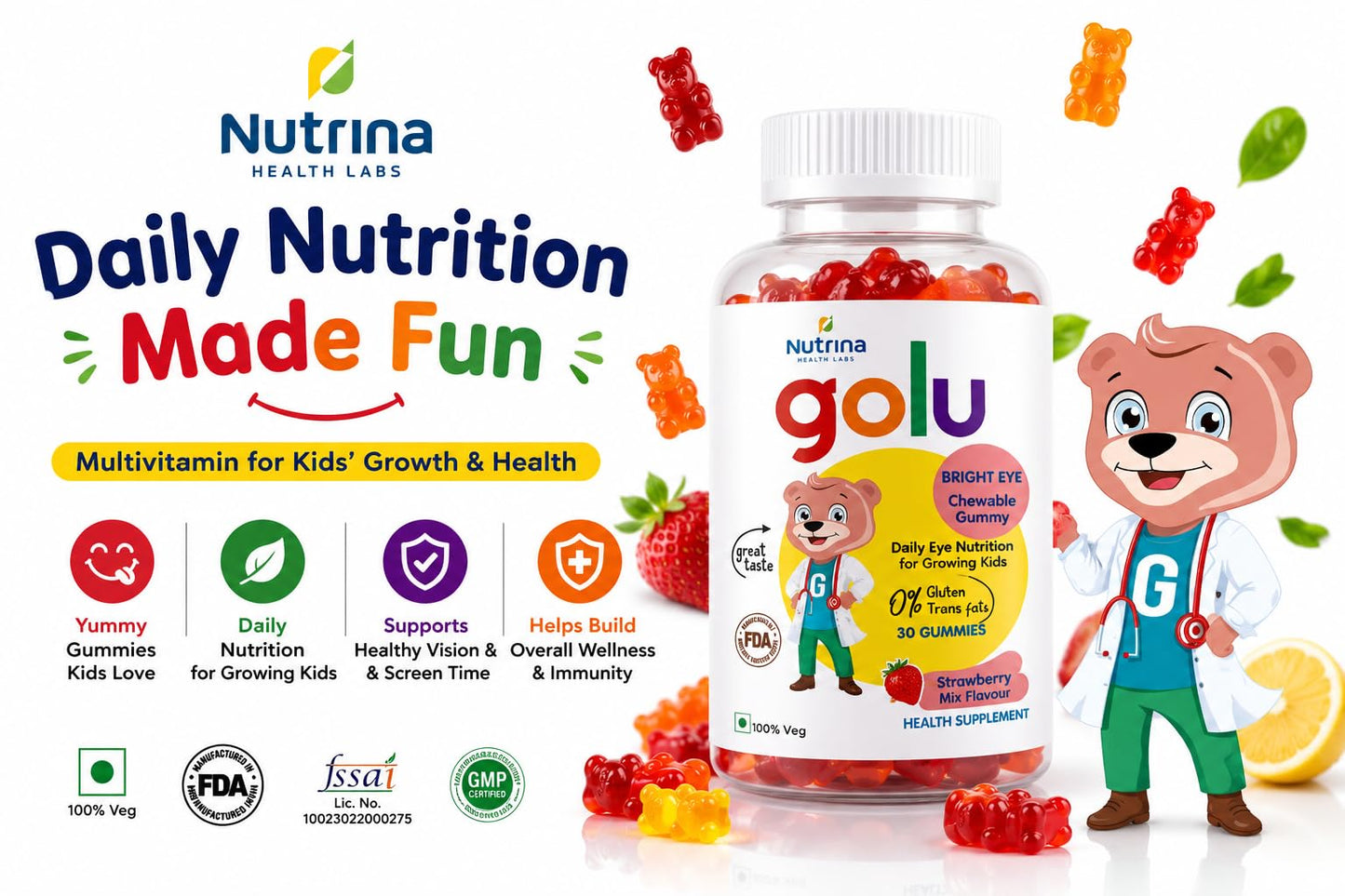 Nutrina Health Labs Golu Multivitamins And Minerals Gummy For Kids 5 to 13 years, Supports Child Growth And Development, Boosts Energy Level, 30 Gummies (Pack of 1)