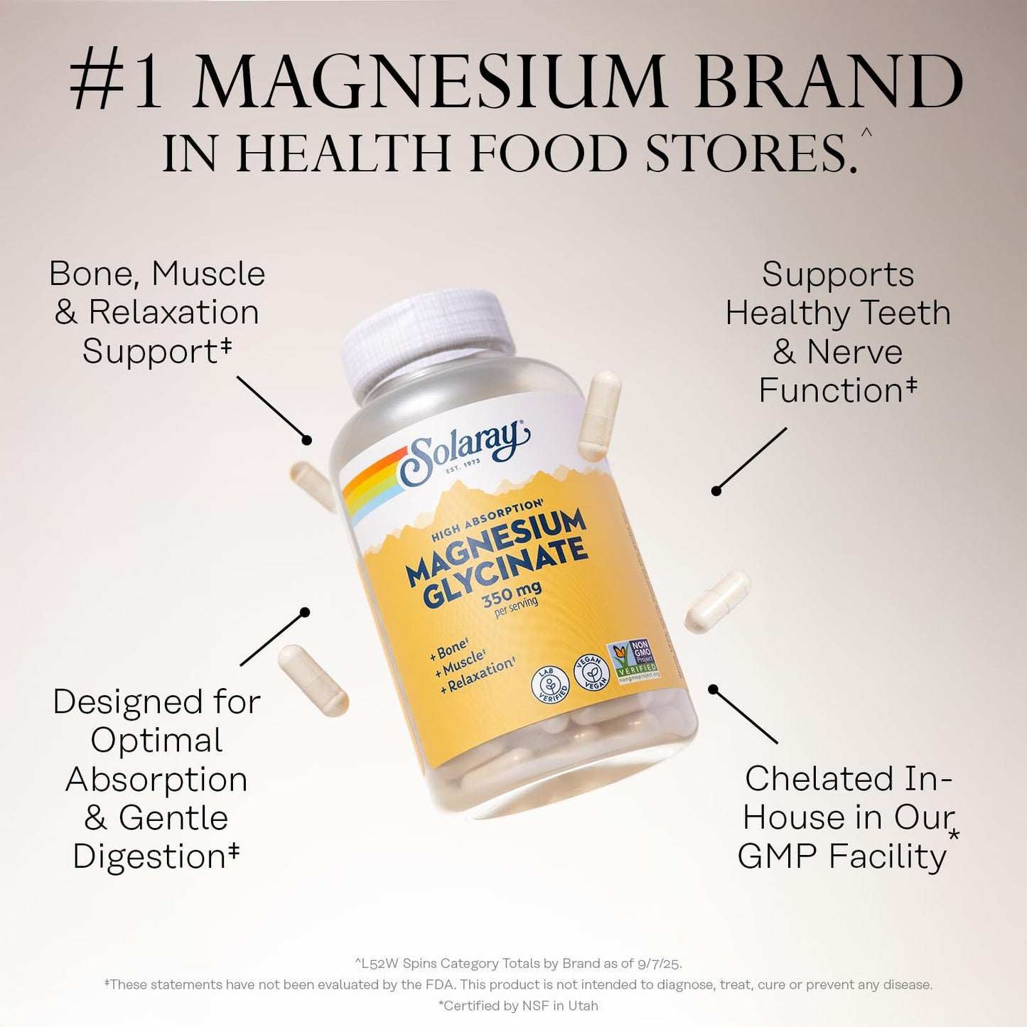 SOLARAY Magnesium Glycinate With Bioperine, Healthy Relaxation, Muscle Function & Bone Support (120 Count) - Capsule