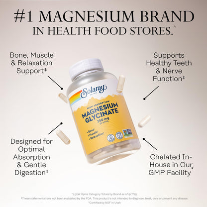 SOLARAY Magnesium Glycinate With Bioperine, Healthy Relaxation, Muscle Function & Bone Support (120 Count) - Capsule