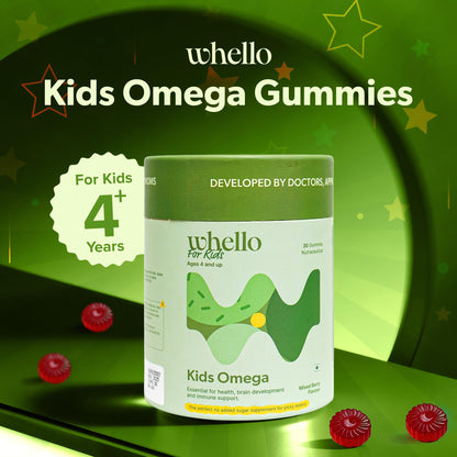 WHELLO Omega Gummies for Kids Age 4+ | No Added Sugar 30 Gummies | 100% Vegan - Mixed Berry Flavor | Improved Brain Development & Immune Support Supplements | Omega 3 with Vitamin C, Flaxseed Oil
