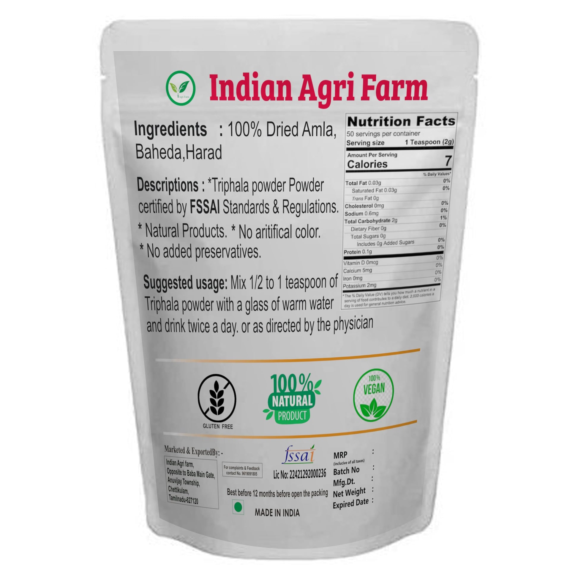 Iagrifarm Triphala Powder - 250 gram - Mix of Amla, Haritaki, Bibhitaki- image 2