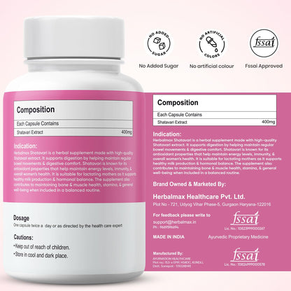 Herbalmax Shatavari 400 mg 60 Veg Capsules Pack of 3 – Ayurvedic Supplement for Women’s Health & Hormone Balance, Rich in Antioxidants, Boosts Immunity & Supports Bone & Muscle Strength