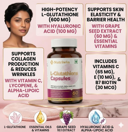 Nutriwin L-Glutathione Capsules with Hyaluronic Acid, Alpha-Lipoic Acid, Grape Seed Extract & Vitamin C | Skin Brightening & Antioxidant Support | 60 Veg Capsules