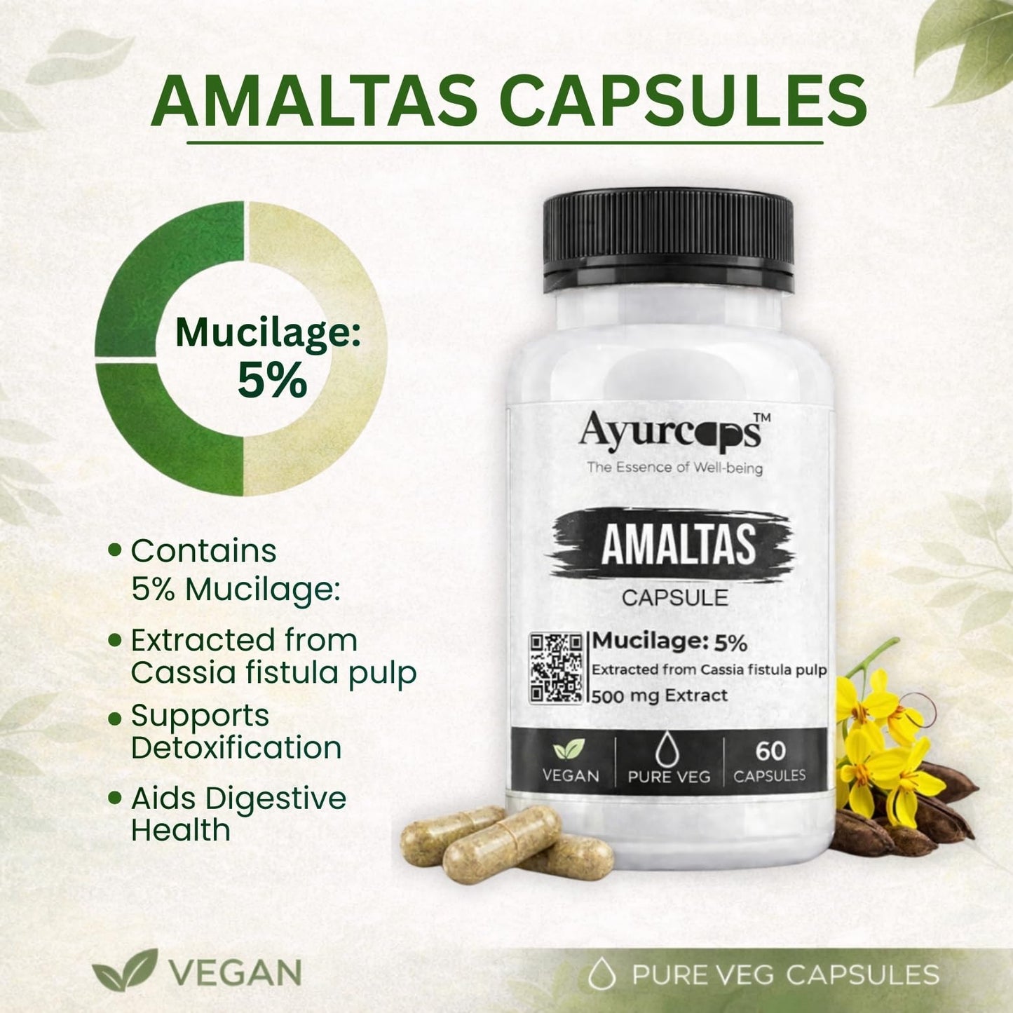 Ayurcaps Amaltas 500mg 60 Veg Capsules | Ayurvedic Herbal Digestive Support Supplement | Supports Gut Health And Natural Detox | Bowel Wellness And Daily Cleansing | Vegetarian, No Preservatives