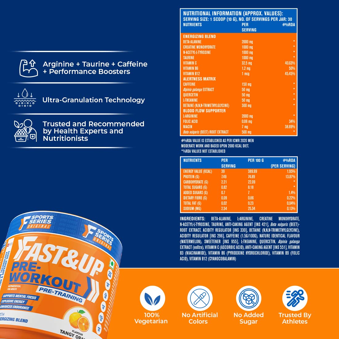 Fast&Up Pre-Workout Supplement Powder (30 Servings, Tangy Orange Flavour) | Pre Workout Supplement For Men & Women with B-Alanine, Creatine, Taurine For Performance & Energy Boost, 300 gm
