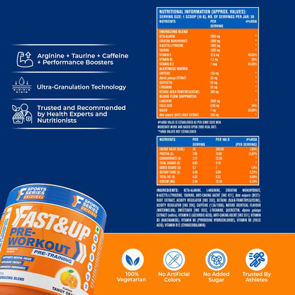 Fast&Up Pre-Workout Supplement Powder (30 Servings, Tangy Orange Flavour) | Pre Workout Supplement For Men & Women with B-Alanine, Creatine, Taurine For Performance & Energy Boost, 300 gm