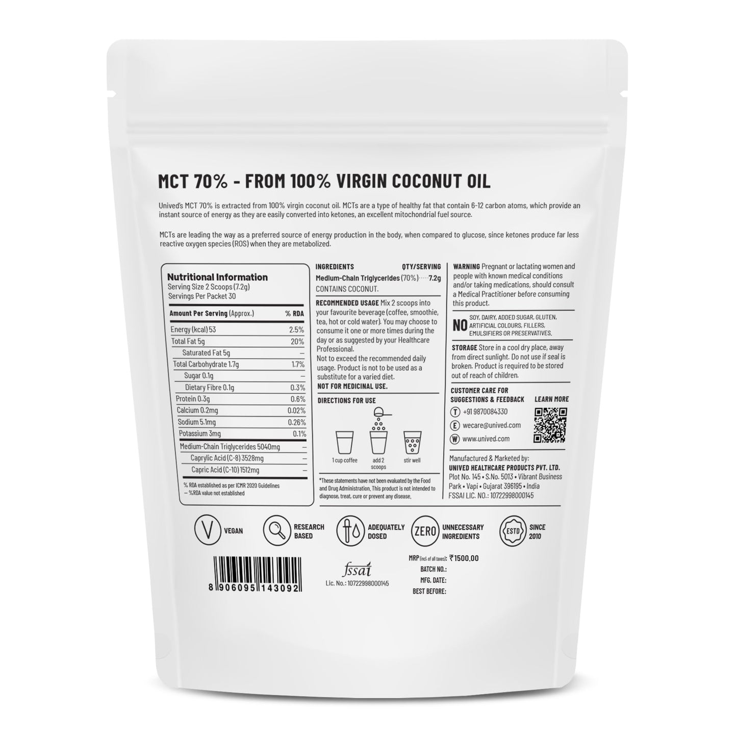 Unived MCT 70% | Medium Chain Triglyceride Oil Powder | Clean Energy Fuel | Pure MCT 5g with C-8: 3528mg & C-10: 1512mg in a 70:30 ratio | Keto Friendly | 30 Servings