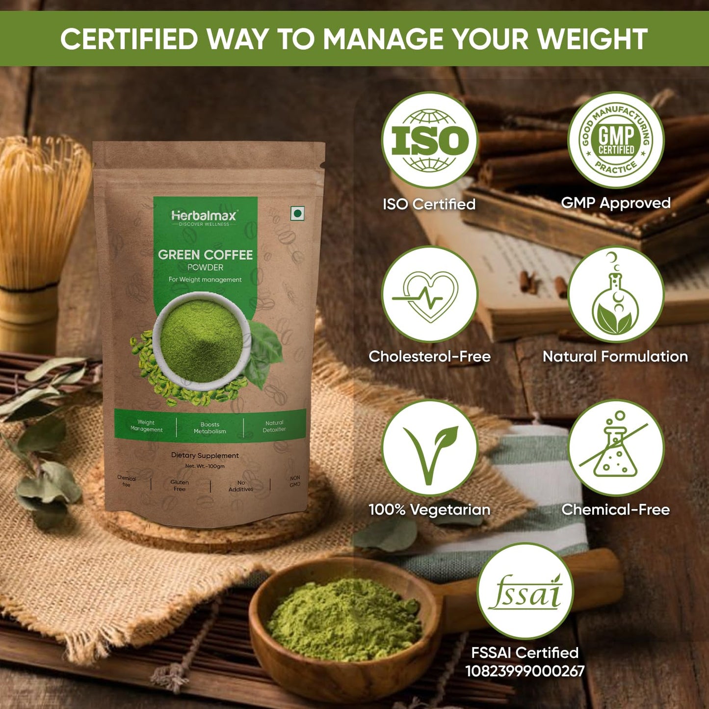 Herbal Max Green Coffee Powder, 3 × 100 gm – Organic Natural Green Coffee for Weight Management, Metabolism, Digestion & Energy Support | Daily Wellness Supplement