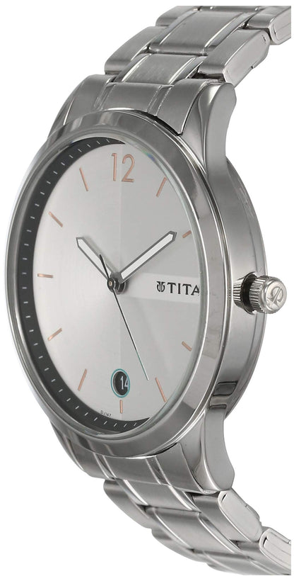 Titan Quartz Analog with Date White Dial Stainless Steel Strap Watch for Men-NP1806SM01