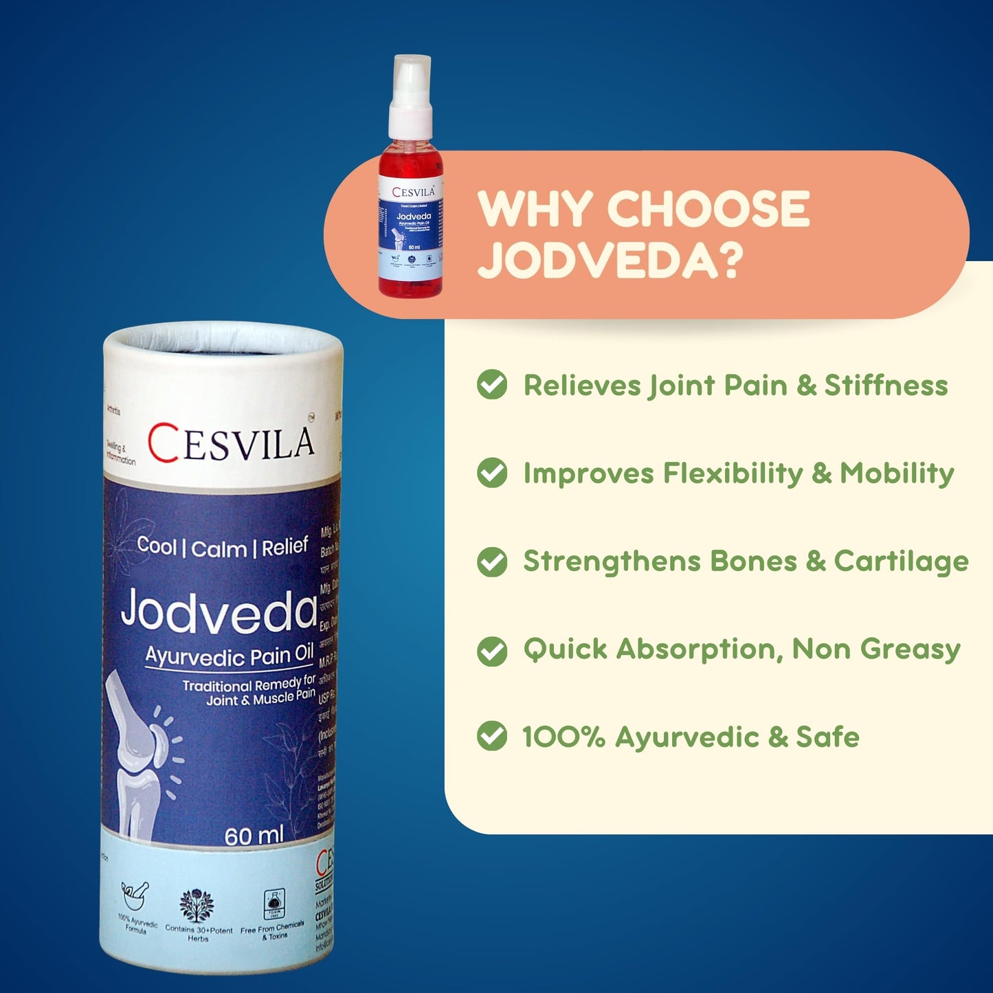 Jodveda Ayurvedic Pain Relief Oil 60 ml – Herbal Oil for Joint Pain, Knee Pain, Back Pain, Stiffness & Mobility Support – 30+ Ayurvedic Herbs – Non-Sticky & Quick Absorption