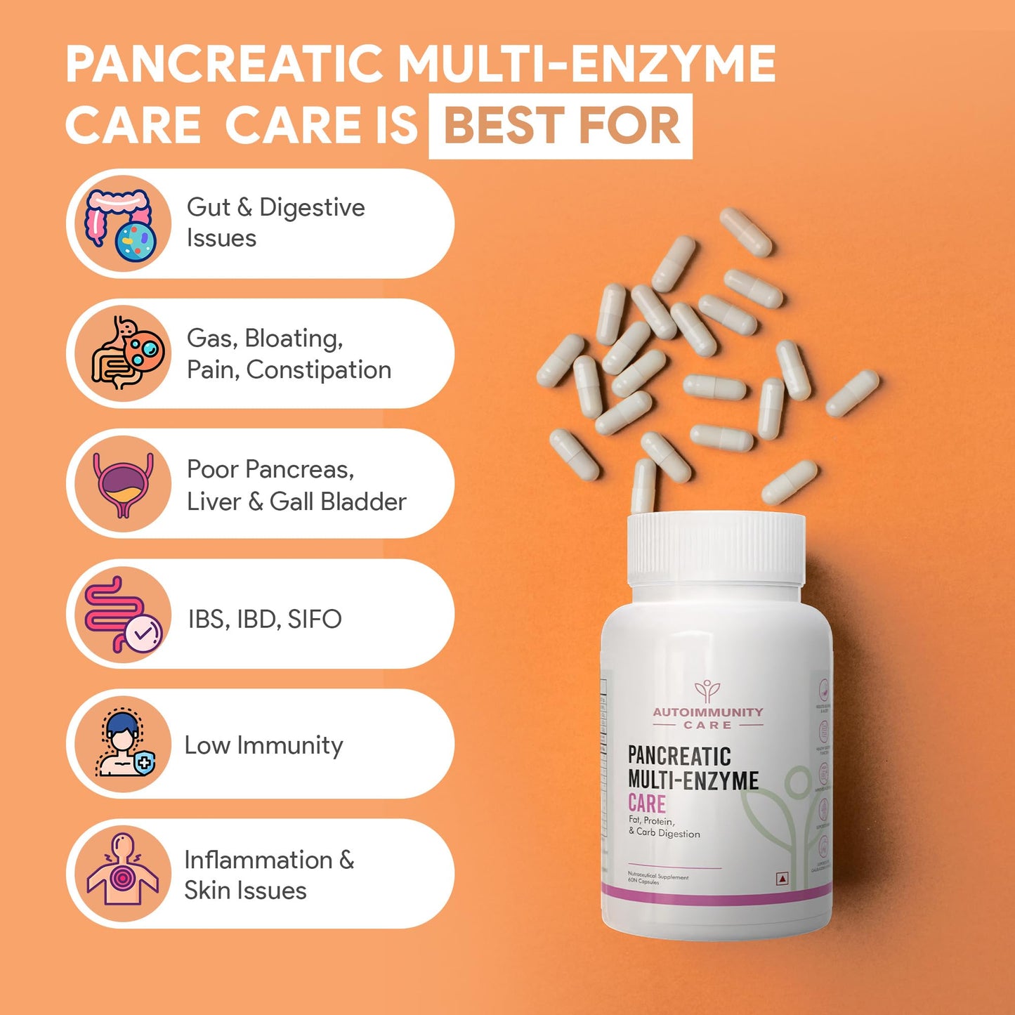 Autoimmunity Care Pancreatic Multi-Enzyme Care | High-Potency Digestive Enzymes & Pancreatin Capsules | Pancreas Supplements, Liver & Gallbladder Support | Gut Health & Digestion Support | 60 Caps (60 doses)
