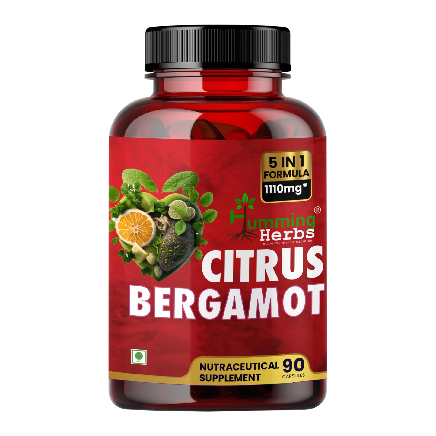 Humming Herbs Citrus Bergamot Capsules 15500mg | Supports Healthy Cholesterol & Heart Function | Enriched with Black Chokeberry, Olive Leaf & Black Pepper | 90 Veg Capsules