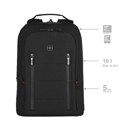 Wenger CITY TRAVELER Laptop Backpack for 16 Inch Laptop & 12 Inch Tablet Pocket, Doubles as an overnighter in Black (16 Litre)-blend of style & function, Swiss designed, 606490