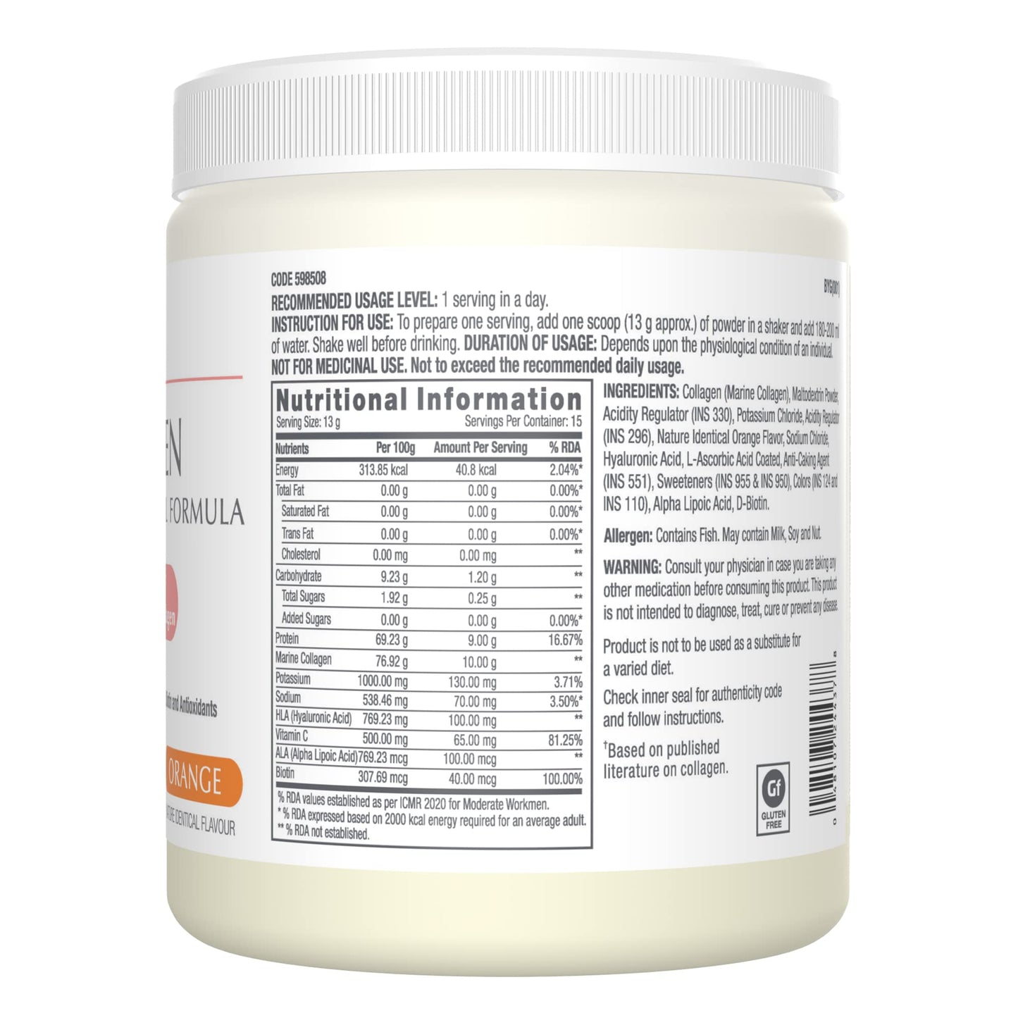 GNC Marine Collagen I India's Only 10g Clinically Proven Collagen (200g) I For Radiant & Youthful Skin|Reduces Fine Lines & Wrinkles|Added Hyaluronic Acid|Biotin & Vitamin C|Orange Flavour-Powder