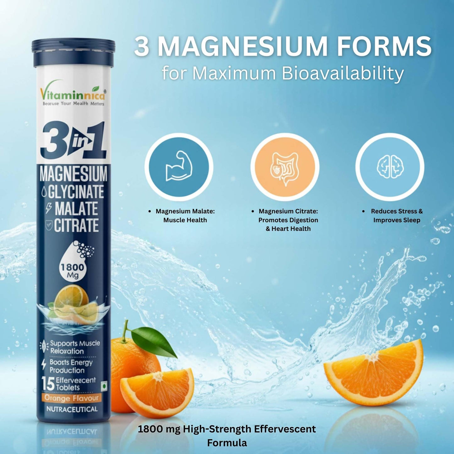 Vitaminnica Magnesium 3-in-1 Effervescent Tablets – Malate, Glycinate & Citrate Blend for Muscle Function, Relaxation & Daily Wellness – Orange Flavor – 15 Tablets (Pack of 4)