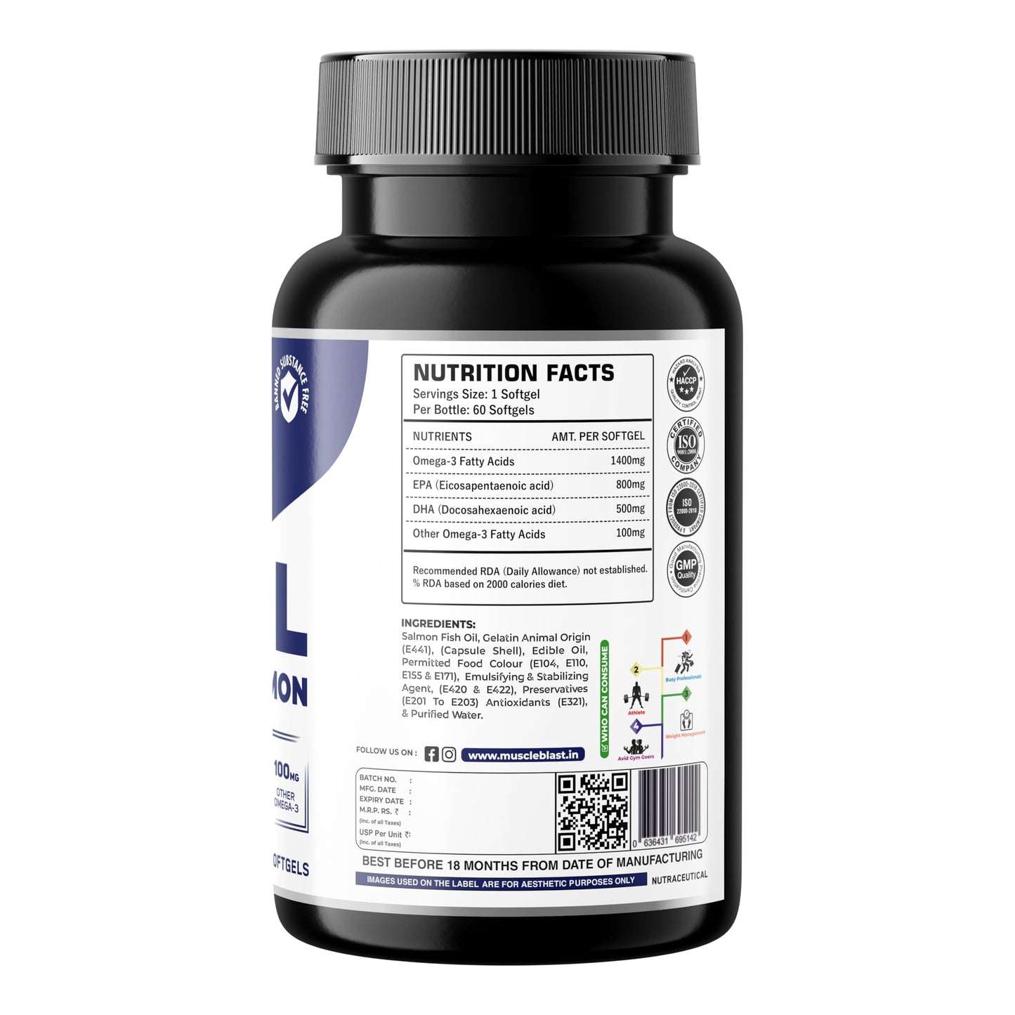 Muscle Blast Omega-3 Fish Oil Capsules, Triple Strength Salmon Oil with 1400mg Omega-3, 800mg EPA & 500mg DHA – Heart, Brain & Joint Health Support, 60 Softgels
