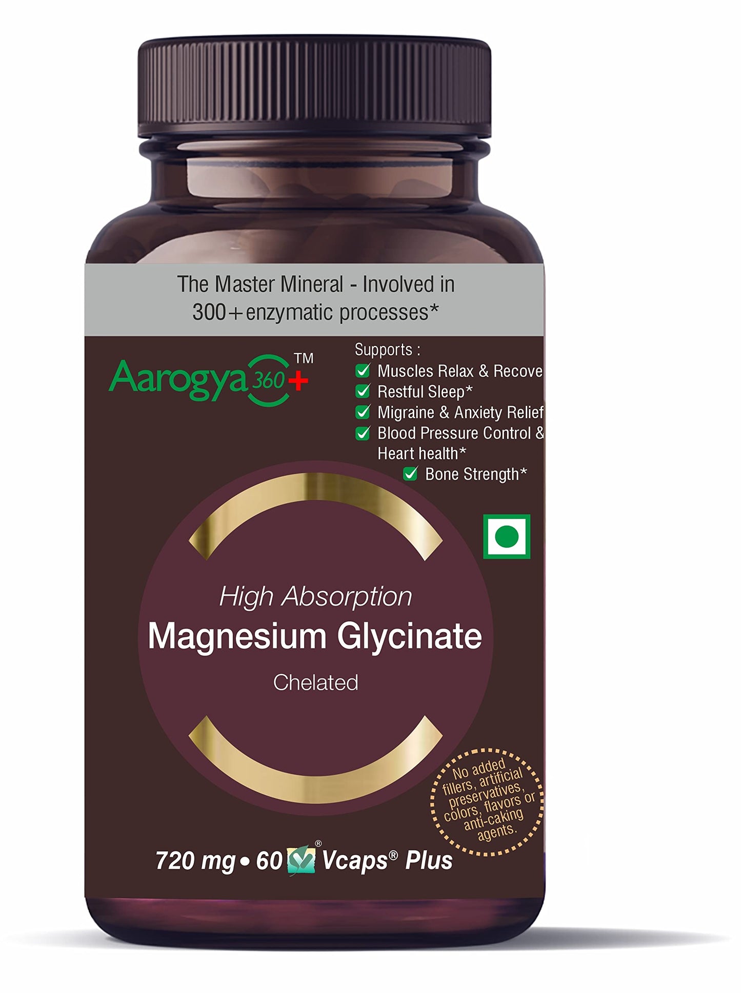 Aarogya360 Magnesium Glycinate + Vitamin B6 | 720 mg | High Absorption | Supplement to Support Stress Relief, Sleep, Heart Health, Nerves, Muscles, and Metabolism | 60 Capsules