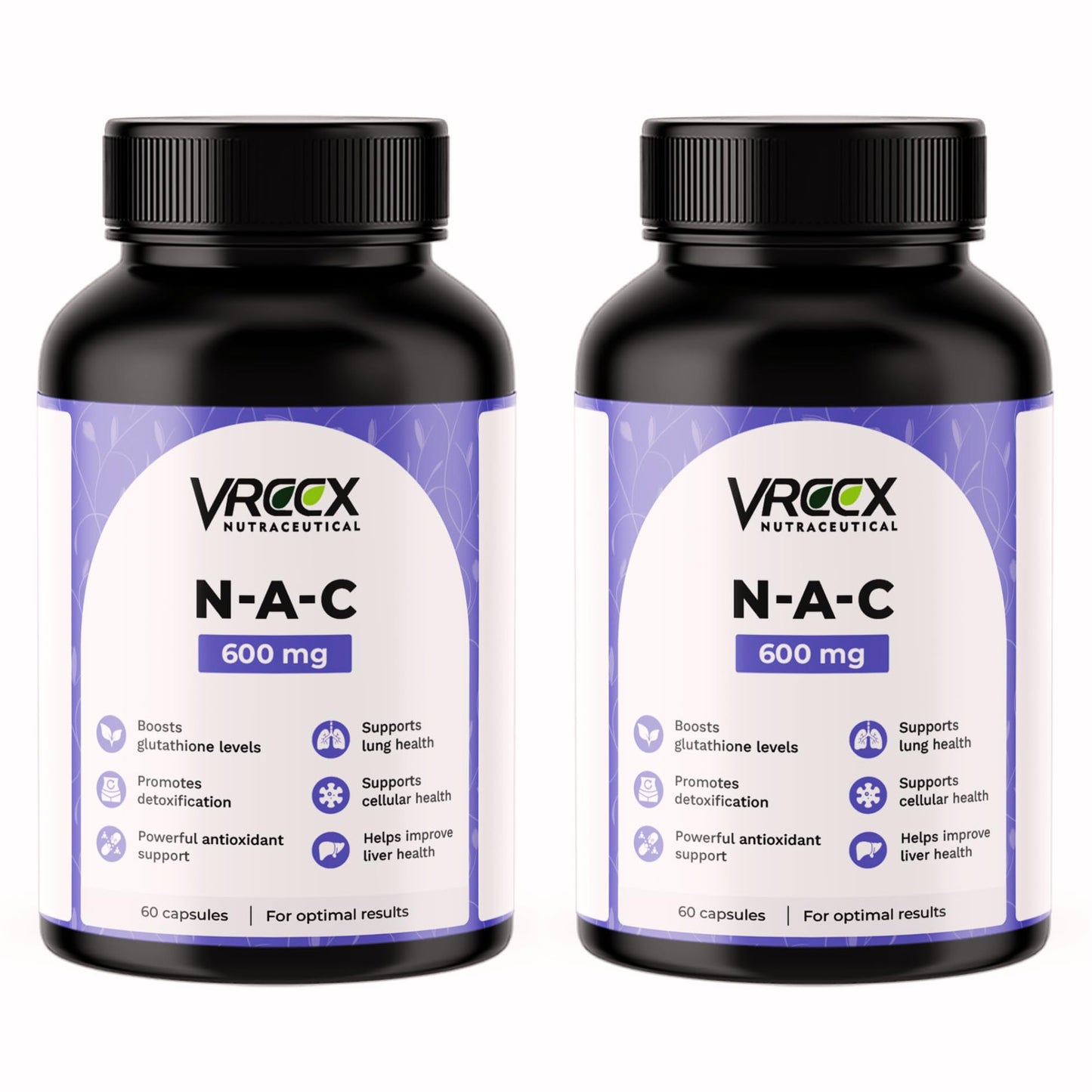 VREEX NAC 600 mg | N-Acetyl Cysteine Supplement | Supports Antioxidant Activity, Liver Health & Respiratory Wellness | 60 Capsules (Pack of 2)