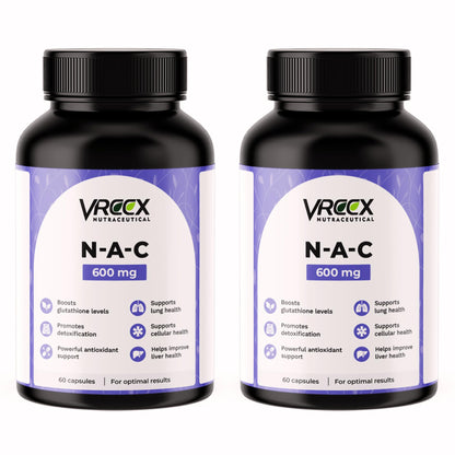 VREEX NAC 600 mg | N-Acetyl Cysteine Supplement | Supports Antioxidant Activity, Liver Health & Respiratory Wellness | 60 Capsules (Pack of 2)