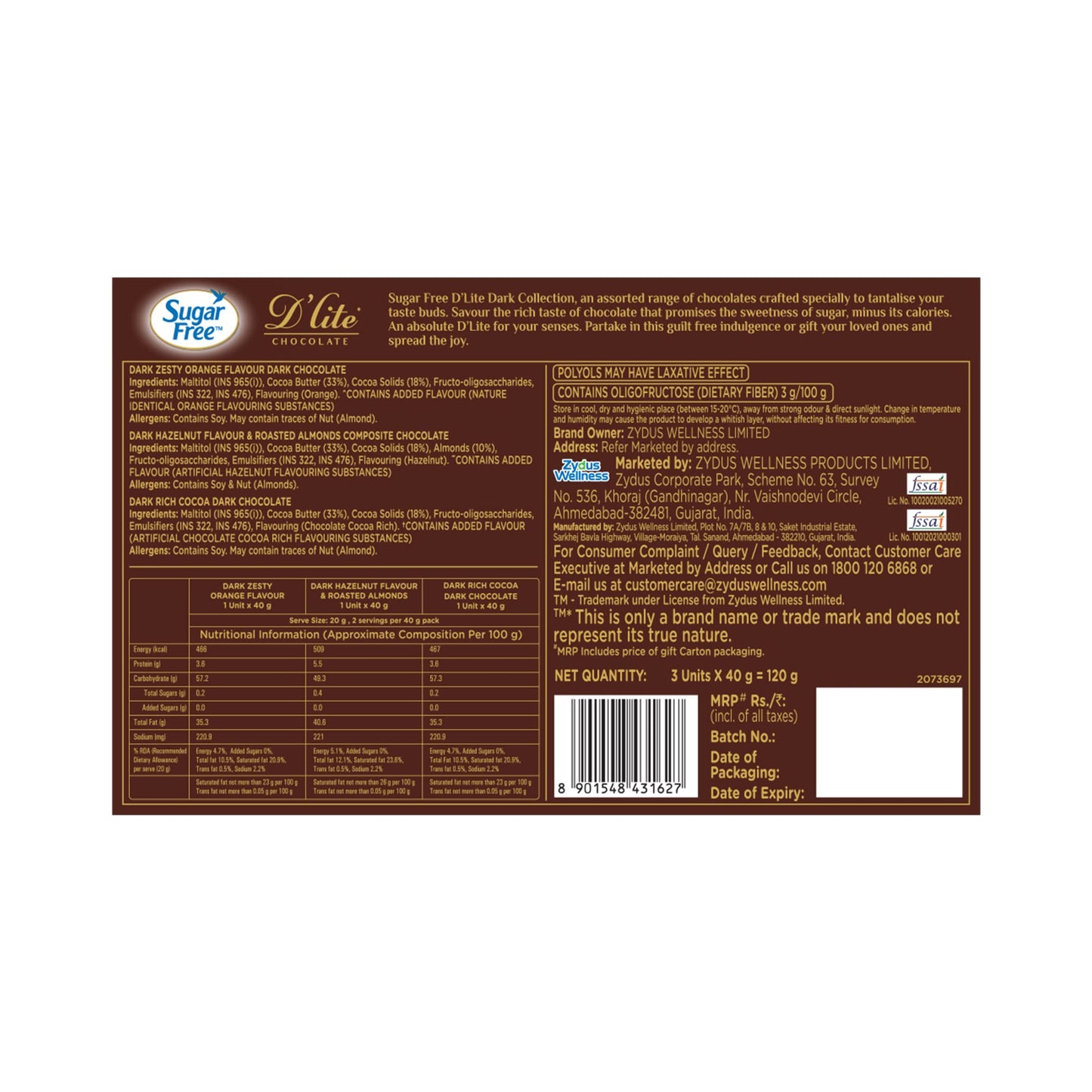 Sugar Free D'Lite The Dark Collection Assorted Chocolate Gift Pack, 120 Grams