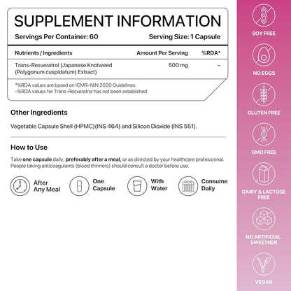 Trans-Resveratrol 500 mg | Pure Antioxidant & Anti-Aging Supplement | Supports Cellular Repair, Heart Health & Healthy Inflammation Response | 60 Vegan Capsules