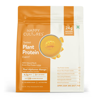 Happy Cultures 24g Tastiest Plant Protein| Real Alphonso Mango, Almond Chunks & Ashwagandha (KSM 66) |Pea & Brown Rice Protein Isolate| No Added Sugar| Vegan| 20 Complete Amino Acids | Monk Fruit Extract| Women & Men| No Bloating, Easy to Digest| Dairy Fr